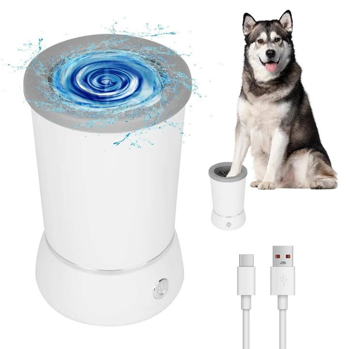 Automatic dog paw cleaner with soft, rotating silicone brushes for effective and gentle pet hygiene.