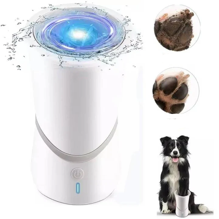 Rechargeable automatic paw cleaner for dogs, featuring rotating brushes for easy and portable pet care.