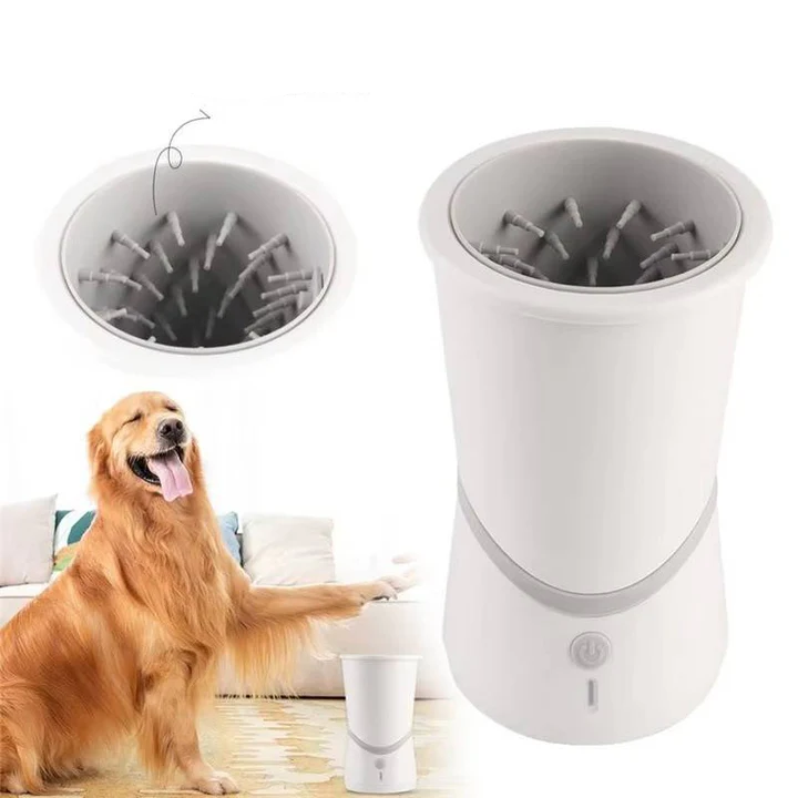 Pet supplies: gray automatic dog paw cleaner with rotating brushes, ensuring clean paws after walks.