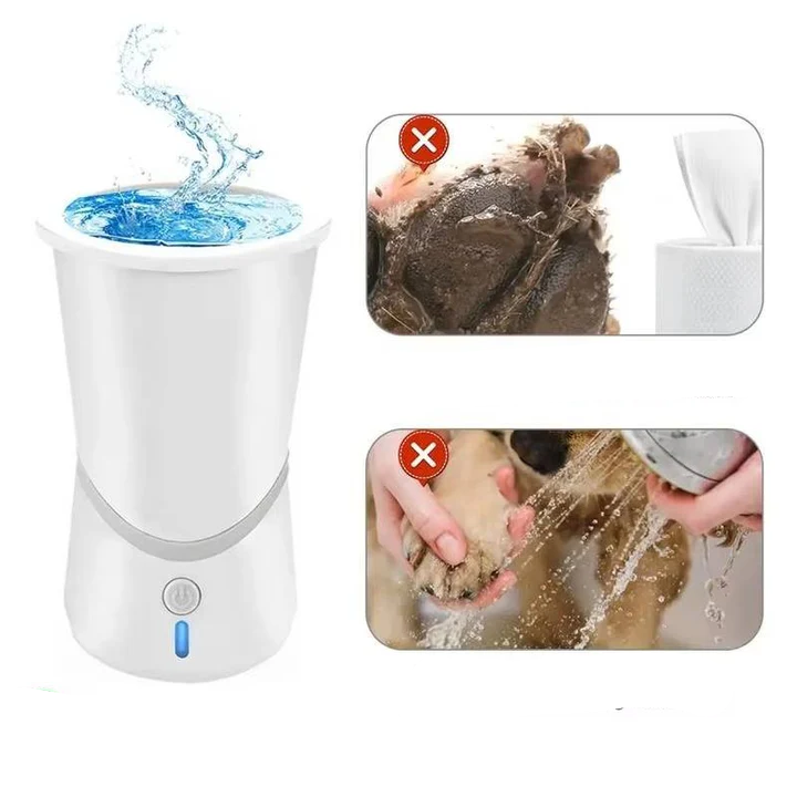 Portable pet cleaning device: automatic dog paw cleaner, rechargeable, with soft rotating brushes for all breeds.