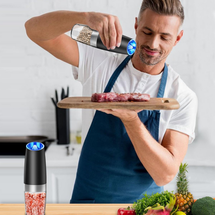 Automatic electric salt and pepper grinder set with USB charging.