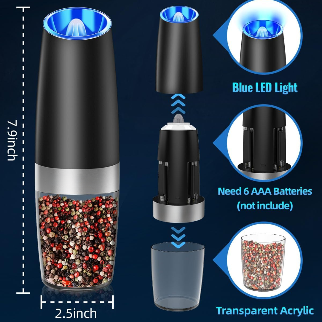 Elegant electric salt & pepper grinder set, perfect for any kitchen.