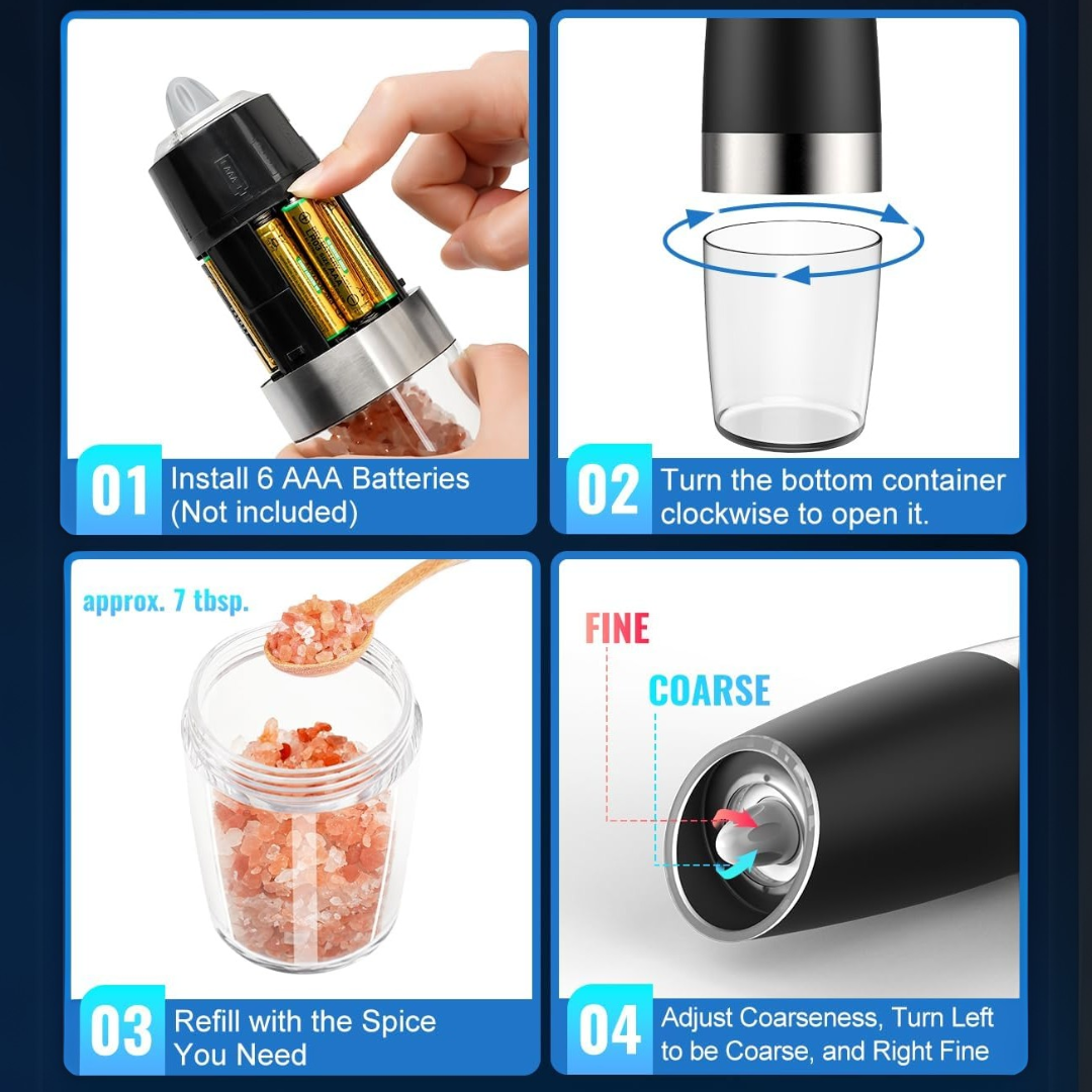 Automatic pepper and salt mills, USB rechargeable, for precise seasoning.