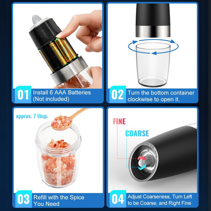 Automatic pepper and salt mills, USB rechargeable, for precise seasoning.
