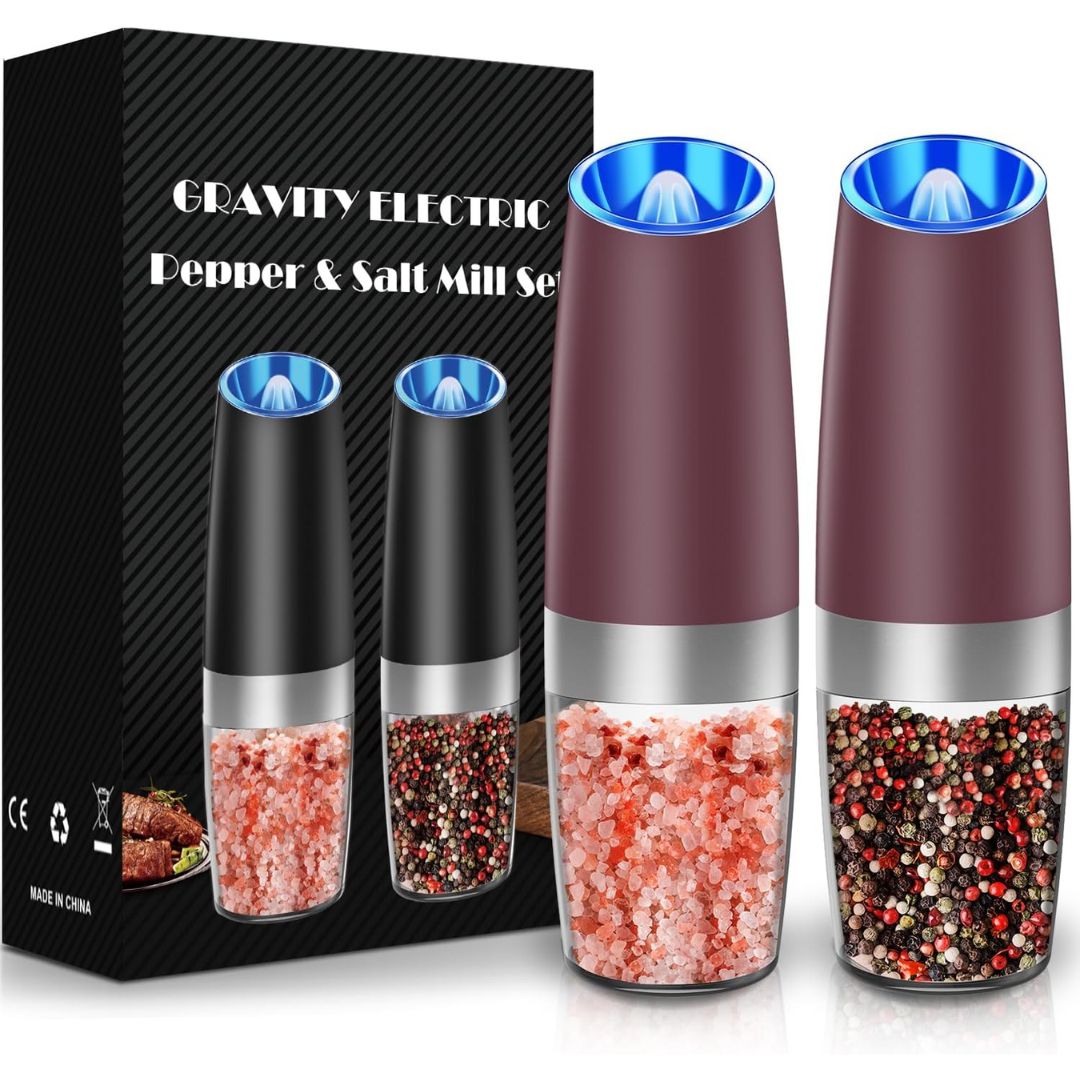Rechargeable automatic pepper mill and salt grinder duo for modern kitchens.