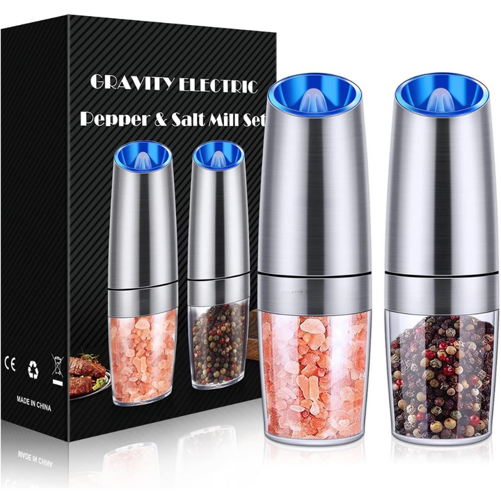 Modern automatic salt & pepper grinder set, USB powered, kitchen essential.