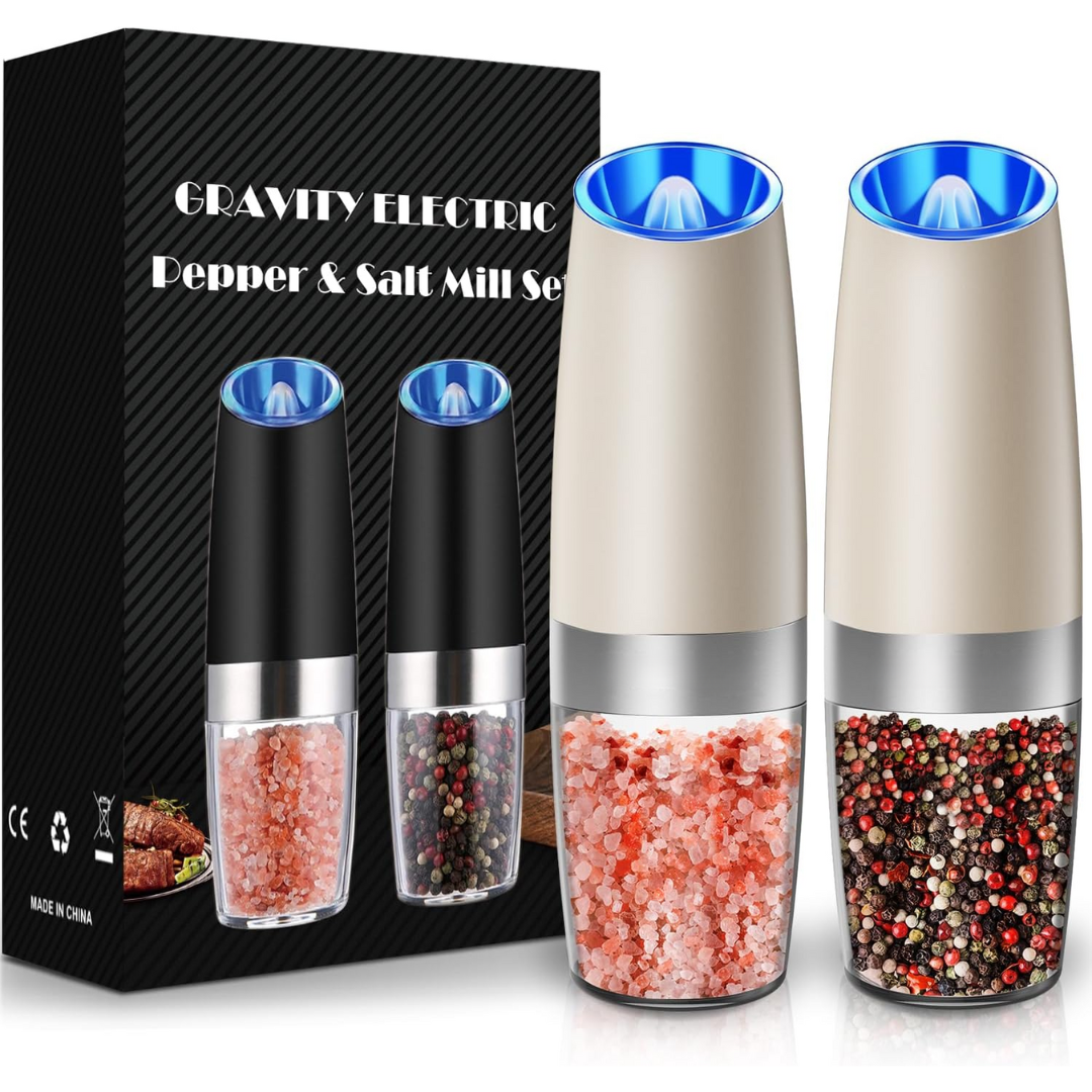 Hands-free automatic salt mill with clear spice chamber, USB rechargeable.