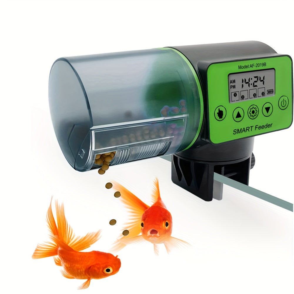 Automatic fish feeder for aquarium, battery operated, dispenses pellets & flakes.