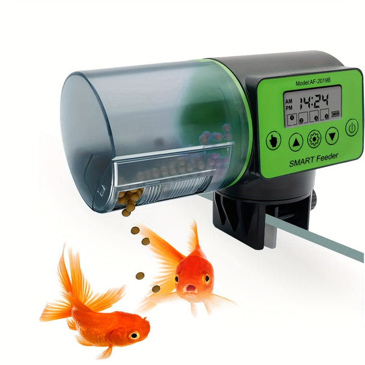 Automatic fish feeder for aquarium, battery operated, dispenses pellets & flakes.