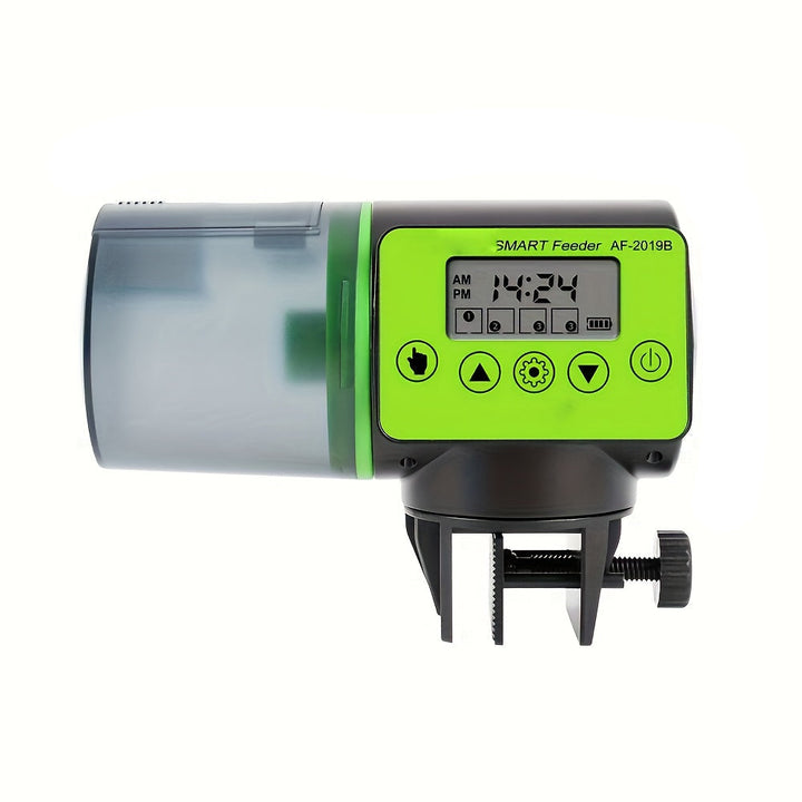 Aquarium automatic vacation fish feeder, programmable food dispenser for fish care.