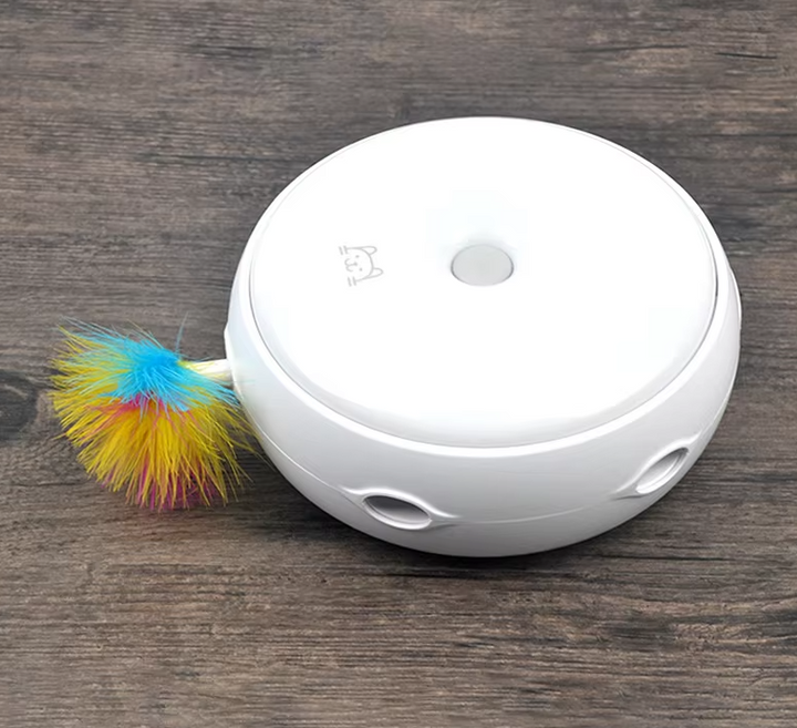 Interactive automatic cat toy featuring a colorful rainbow feather, perfect for pet exercise and fun.