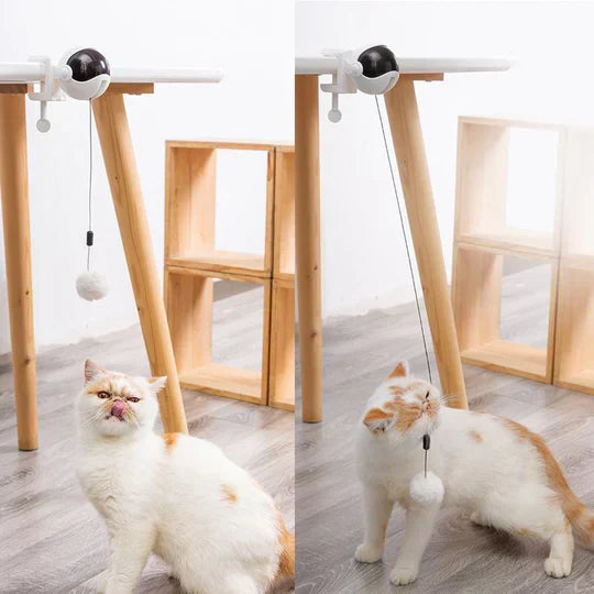 Close-up of automatic interactive cat toy's feather attachment, promoting active feline play