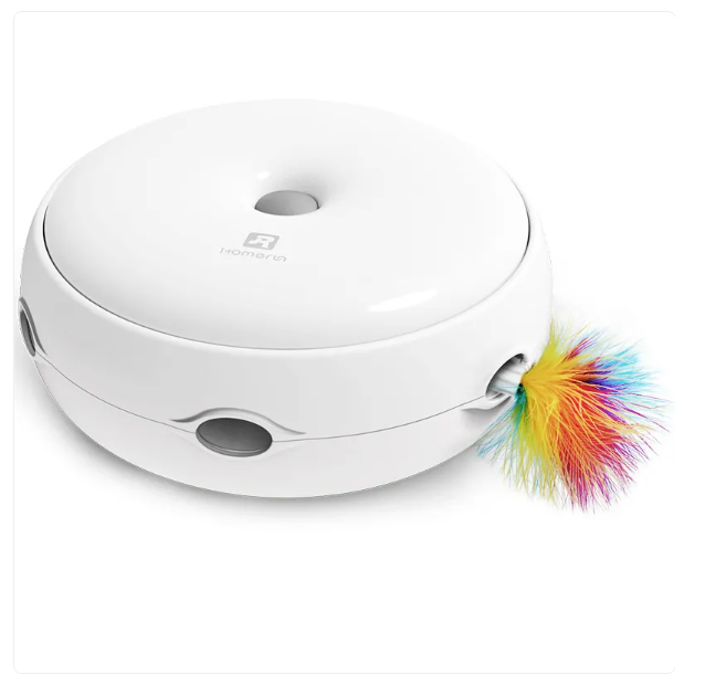 Automatic interactive pet toy with a rainbow feather wand for cat enrichment and exercise.