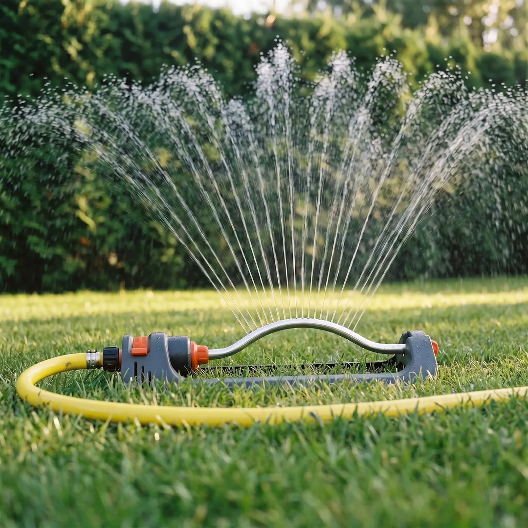 Automatic oscillating lawn sprinkler watering a lush green yard, perfect for garden irrigation.