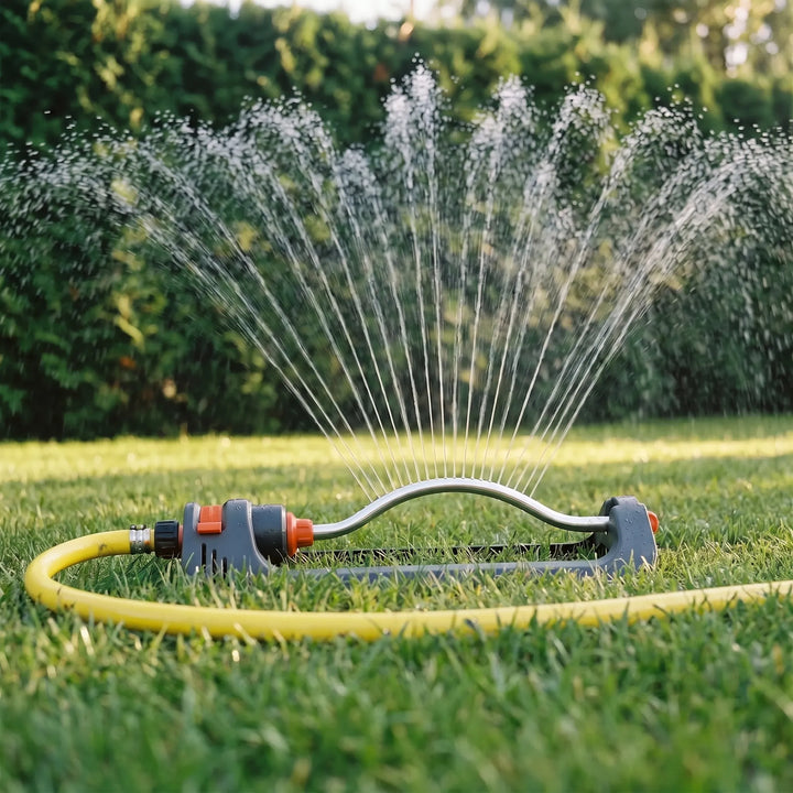 Automatic oscillating lawn sprinkler watering a lush green yard, perfect for garden irrigation.