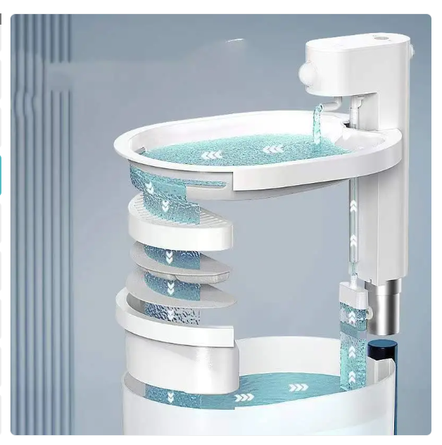 White automatic pet drinking fountain promoting pethydration with quiet operation & filtration