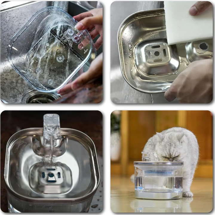 Automatic pet fountain next to a food bowl, creating a complete pet feeding & drinking station.