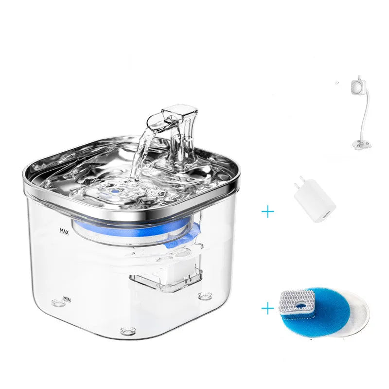 Filtered pet drinking supply, a sleek, modern automatic water bowl for cats & small dogs.