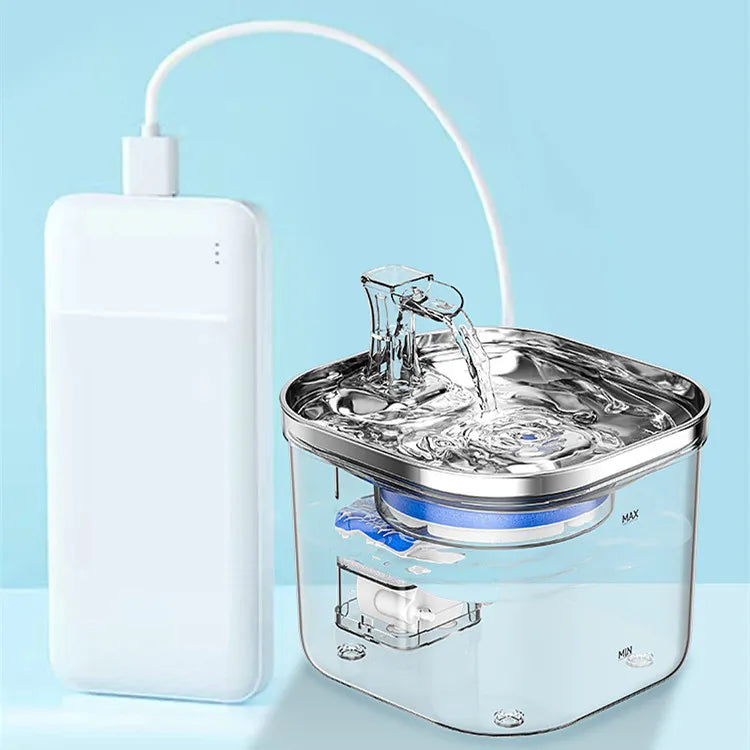 Close-up of pet fountain's water flow, showing filtered, oxygenated water for pet hydration.