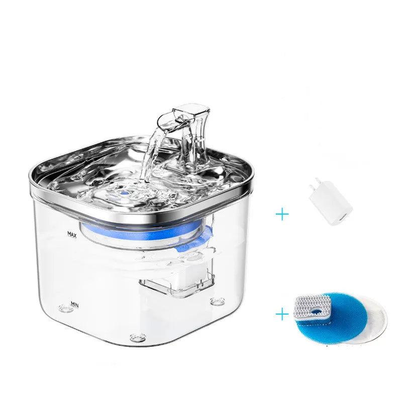 Automatic pet drinking fountain disassembled, highlighting its easy-to-clean components.