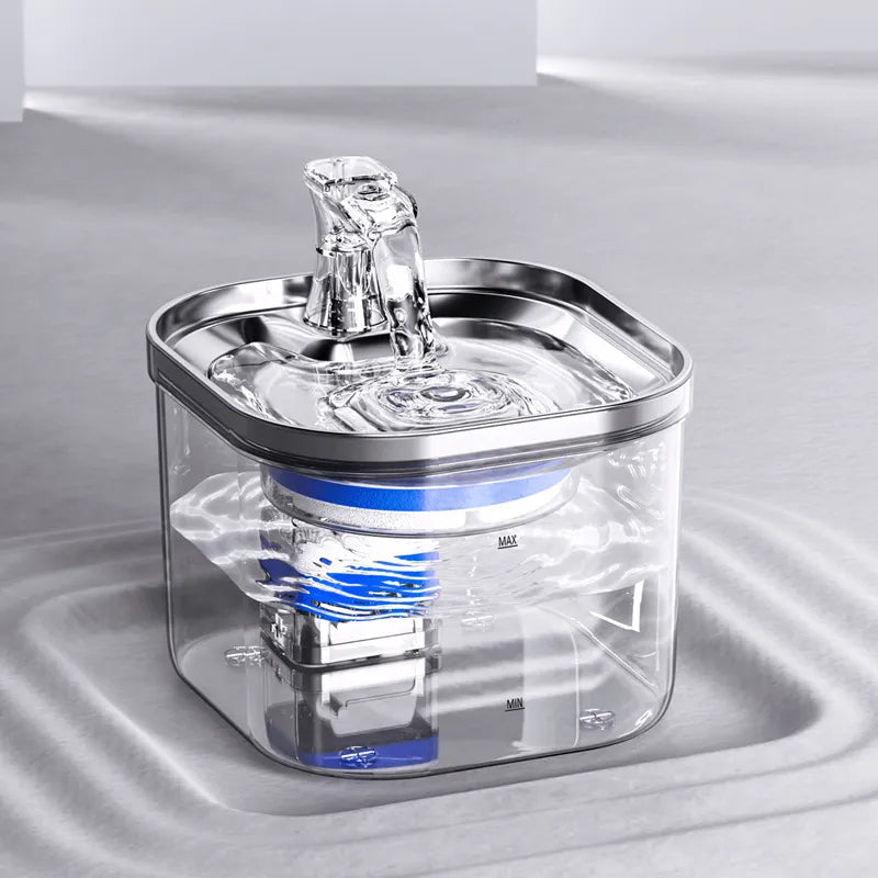Pet fountain in a home setting, providing quiet, fresh water for a happy cat or dog.
