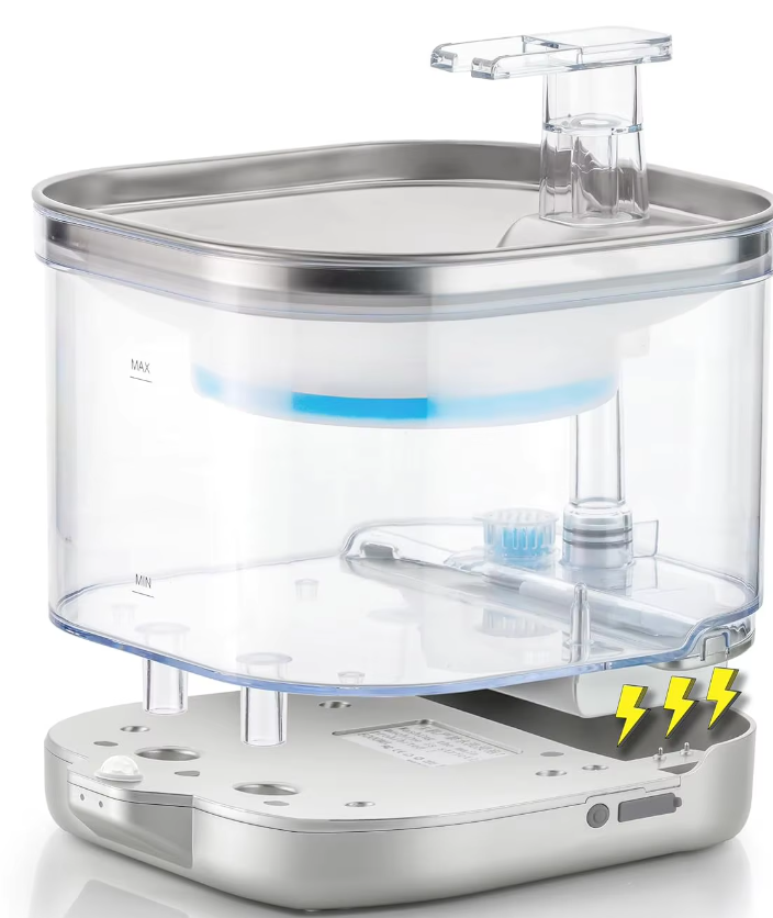Detailed view of pet fountain's multi-stage filtration system, ensuring clean drinking water.
