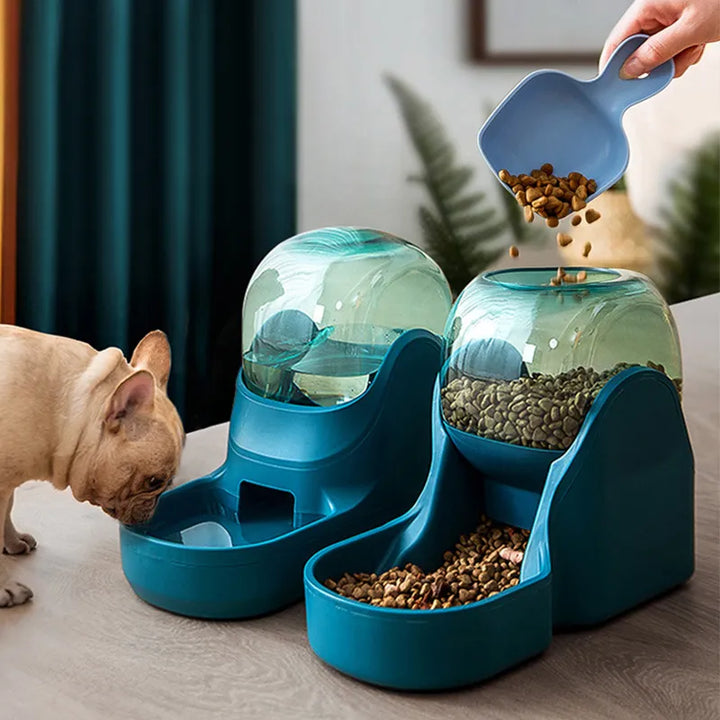 Automatic green pet feeder and water dispenser with clear reservoir, gravity fed design