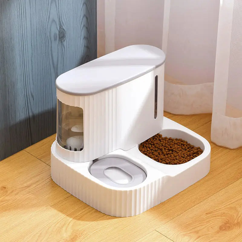Pet automatic feeder with clear food storage, ideal for cat or dog food dispensing.