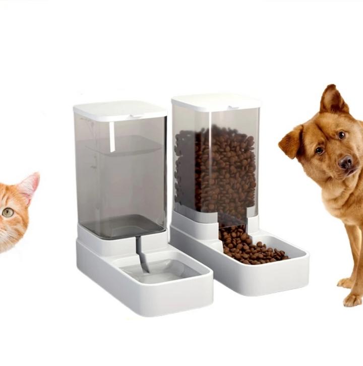 Automatic pet feeder & water dispenser set with transparent food container for dogs & cats