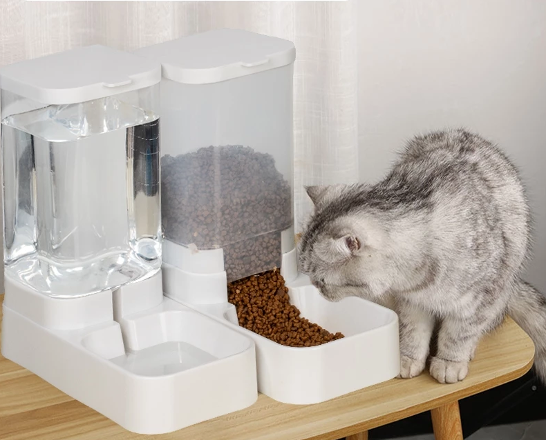 White automatic pet feeder and water dispenser set for continuous pet food and water