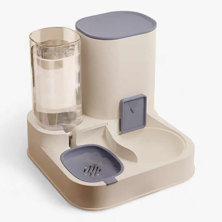 Close-up of automatic pet feeder and water dispenser with clear tanks, ideal for busy pet owners