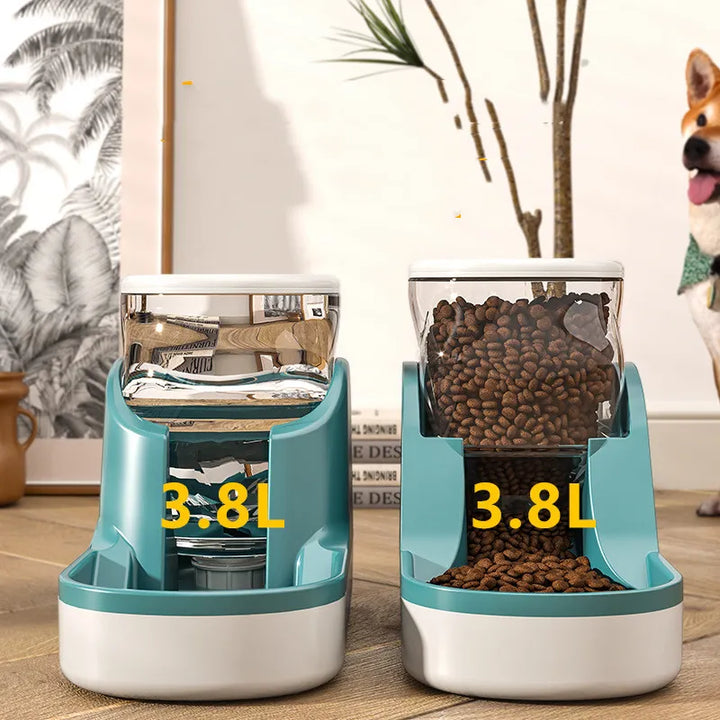 3.8L automatic pet feeder and waterer combo in white plastic, dispensing dog food and water.