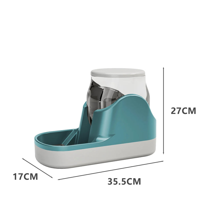 Close-up view of a 3.8L automatic pet feeder, highlighting the food reservoir and the feeding bowl for dogs and cats.