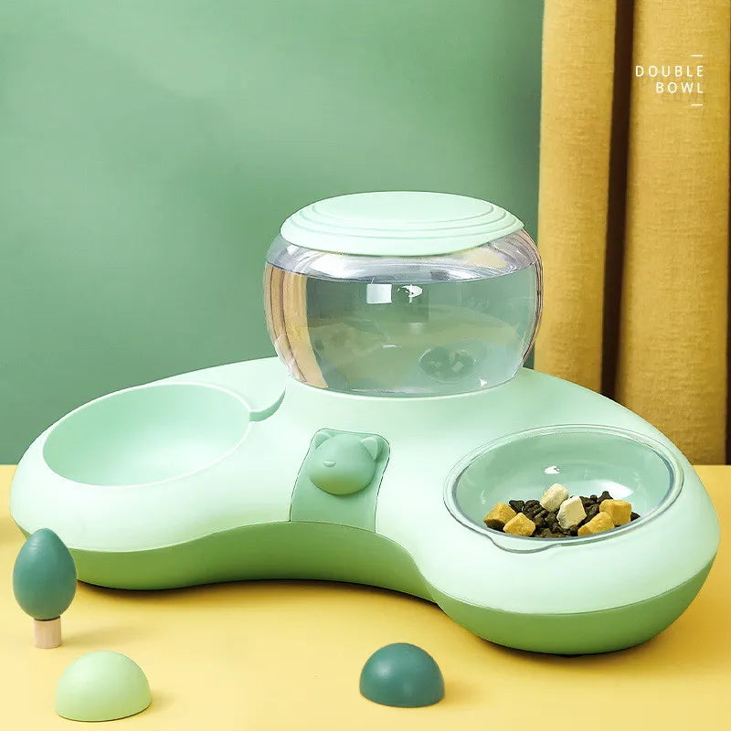 Dual-purpose pet feeder with gravity water dispenser and anti-skid food bowl. Ideal for pet care.