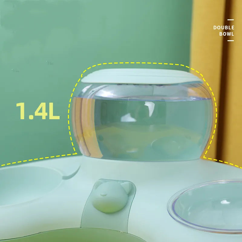 Gravity-fed pet food dispenser and drinking fountain with non-slip bowl, perfect for busy pet owners.