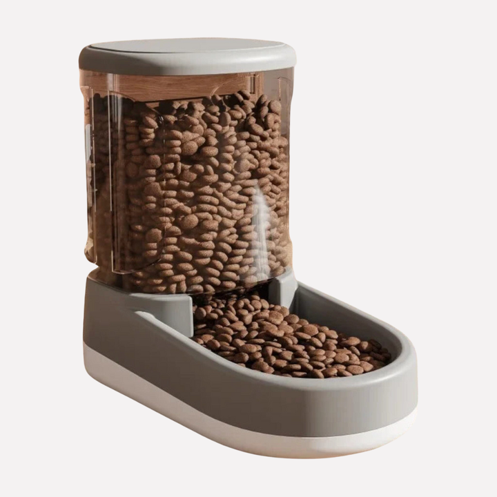 Gravity-fed automatic pet feeder and water dispenser for dog supplies, cat supplies, pet accessories.