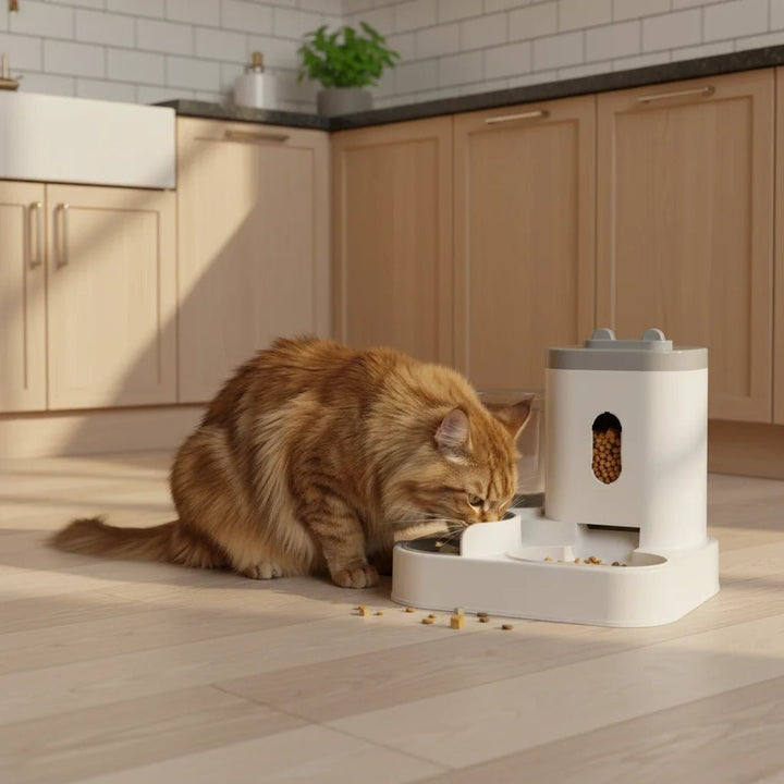 Automatic dog and cat food dispenser with integrated waterer, durable and non-slip pet bowl