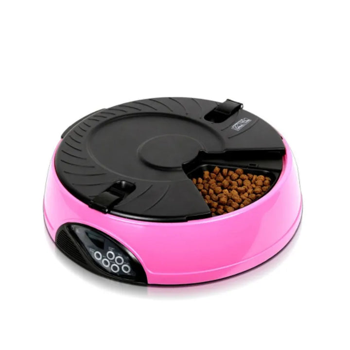 Smart automatic pet feeder with digital timer for precise dog and cat food portion control.