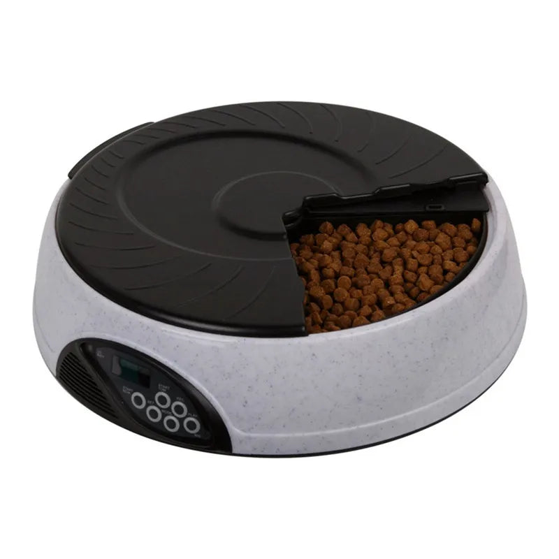 Automatic feeder for pets, dispenses dry dog or cat food with customizable portion sizes.