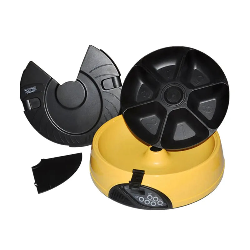 Programmable pet food dispenser features timer & portion control, ideal for dogs and cats.