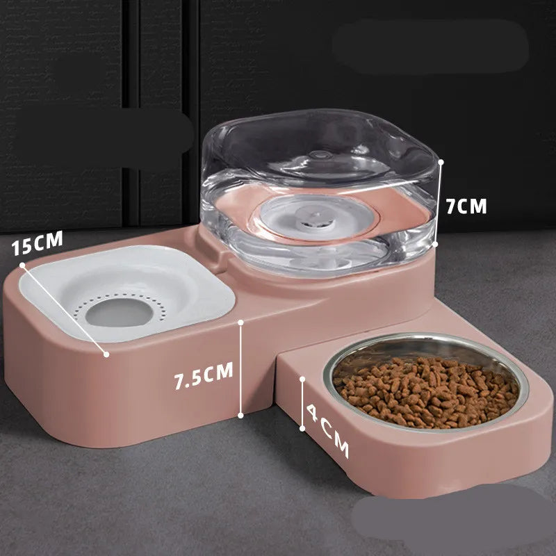 Close-up of pet food water dispenser, clear water bottle & food bowl, built-in drip guard