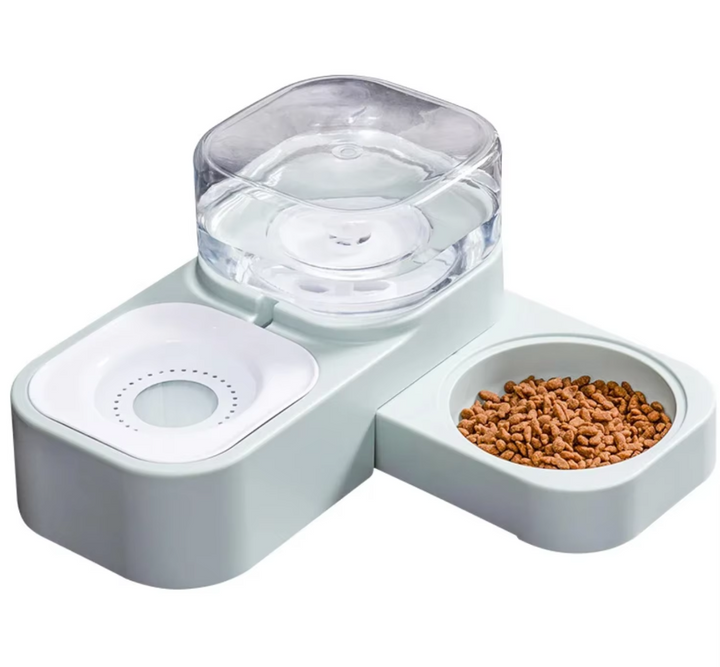 Modern pet food water dispenser and feeder, durable plastic with protective drip guard