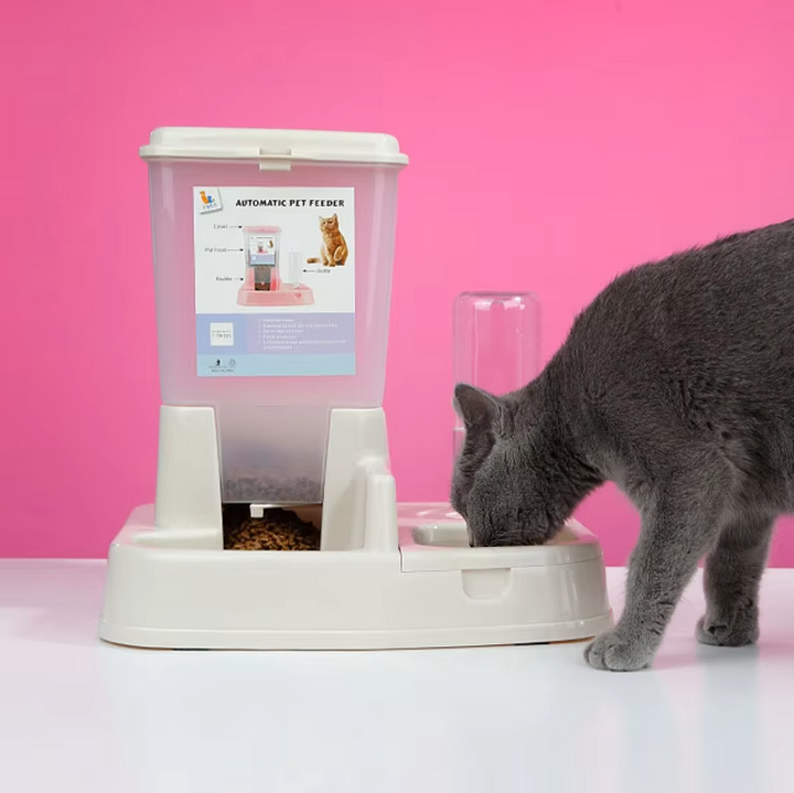 Automatic pet food & water dispenser with double bowls for dogs and cats, large capacity for convenience