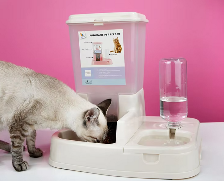 Pet food and water dispenser, automatic double bowl design for dogs and cats, essential pet supplies