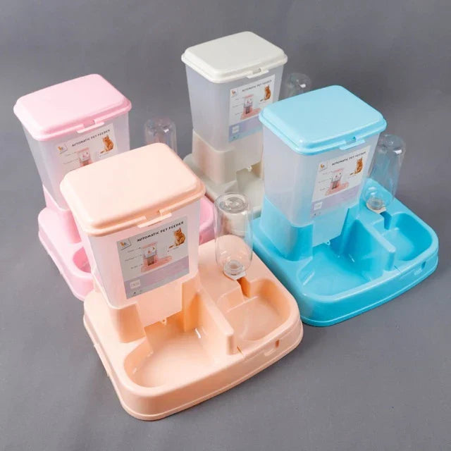 Convenient automatic pet feeder with dual bowls for food and water, ideal for cats and dogs