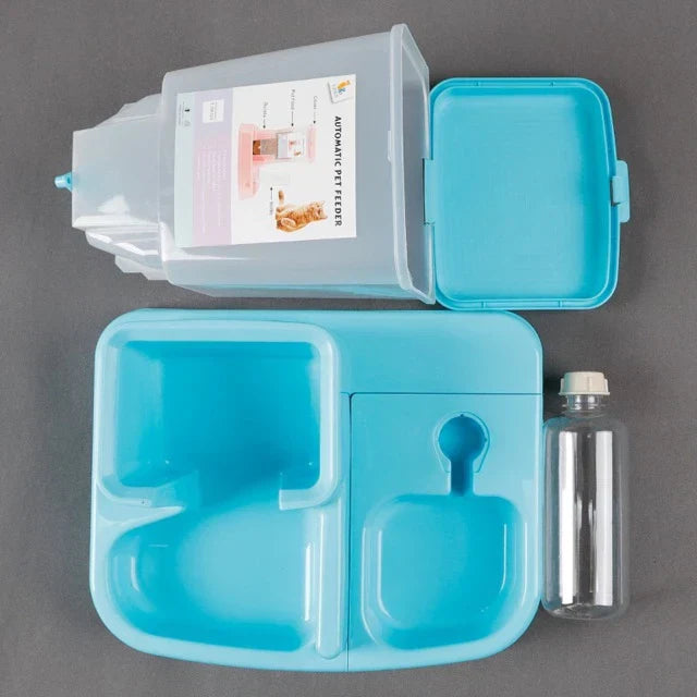 Automatic pet food and water dispenser, large capacity double bowl system for unattended feeding