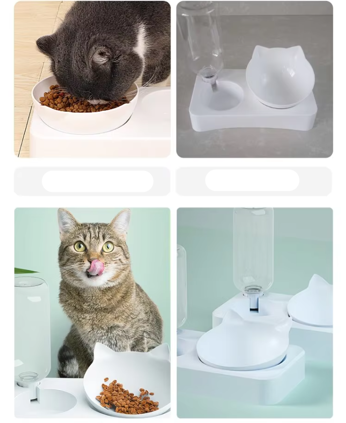 Automatic pet water and food dispenser for cats & small dogs, side view, with full reservoirs.