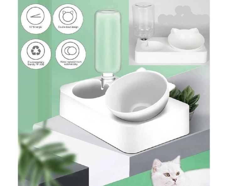 Dual-function pet feeder for cats & small dogs, front view, showing food bowl and water trough.