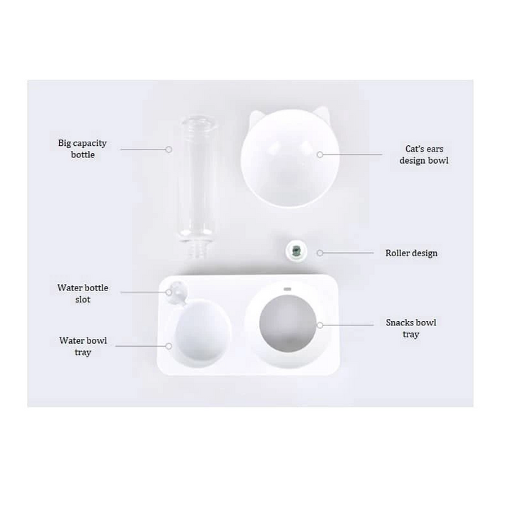 Automatic cat supplies: water dispenser and food feeder, ideal for small pets, assembled.