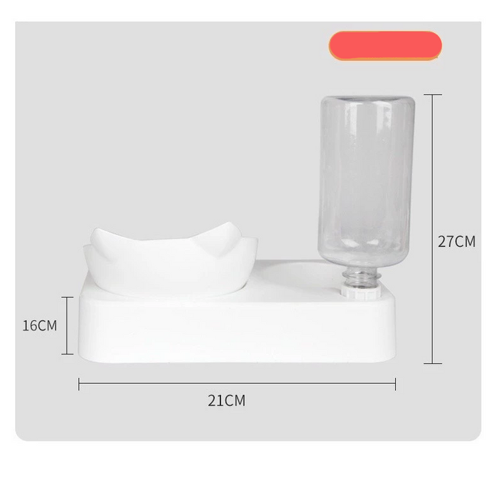 Gravity-fed pet water dispenser & food bowl for cats, ensuring fresh water and food supply.